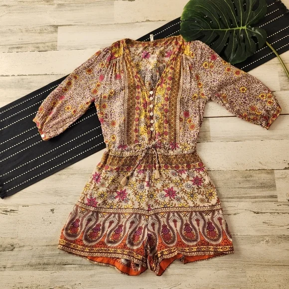 Spell Blossom Bohemian Floral Romper Orange Yellow Size Small - Picture 2 of 13